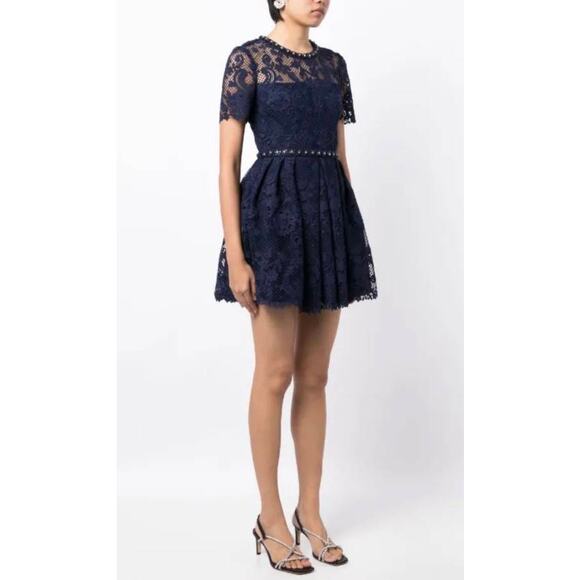 Self Portrait Guipure Lace Embellished Dress in Navy Blue US 4 - Picture 2 of 7